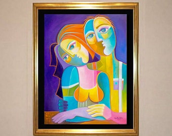 Cubism Original oil Painting, Cubist Expressionism Art, Married Couple, Marlina Vera artwork, Lovers Wedding, Bride and Groom figurative