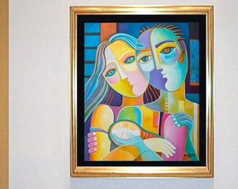 Cubism Oil Painting, Cubist original art, Expressionism artwork, Marlina Vera, Mother Father and Child, Modernism, La Familia Family newborn