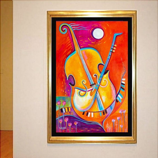 Expressionism Large Abstract Painting, Large Original Oil canvas, Music of Life Marlina Vera, Art Musical instruments cello sax piano jazz