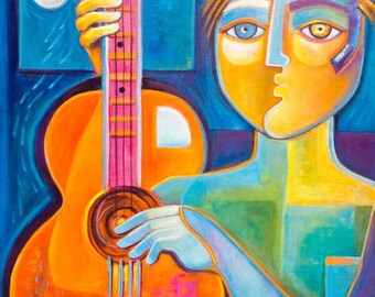 Pintura de guitarrista expressionista: Pop Art cubista por Marlina Vera