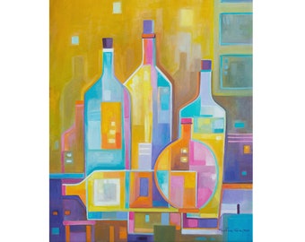 Cubist Wine Bottles Oil Painting: Modern Abstract Art on Canvas