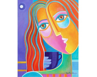 Coffee Lover Original Cubism oil painting, Marlina Vera, Figurative Picasso Style, Modernism Fauve Artwork, amante del cafe, woman barista