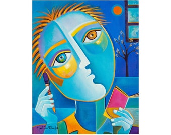 Poet Man Original Oil painting, Marlina Vera artwork, Expressionism Cubism art,, Picasso Style Cubist modernism Pop poetry writer portrait