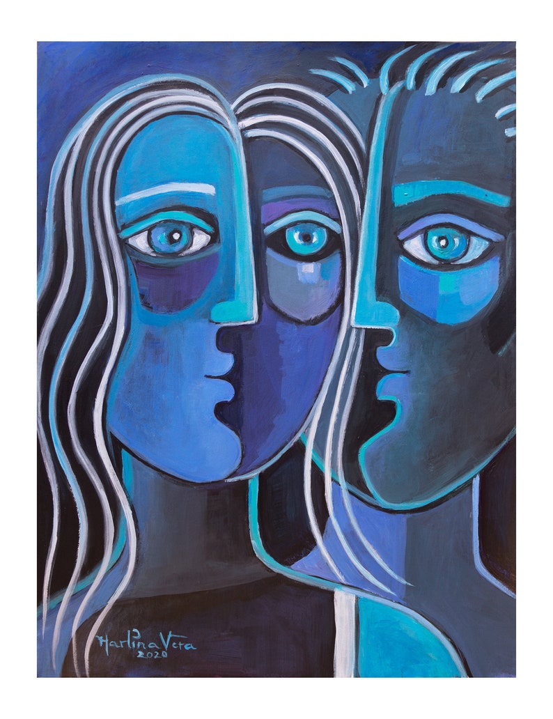 Cubism Painting Modern Cubist Marlina Vera Original Fine Art Acrylic on paper 12x9 Blue Couple Portrait Impressionism Love