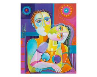 Abstract original oil painting, Cubist Contemporary Figurative art, Marlina Vera Lovers under Two Moons, Couple in Love Man Woman Fauve art