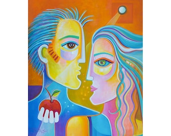 Cubist original oil painting, Adam and his Apple, Cubism art, Marlina Vera Figurative artwork, Adam and Eve portrait, Fine art