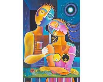 Abstract original oil painting, Cubism Fauve art, Marlina Vera Figurative Couple Lovers Man Woman, Cubist fine art, Contemporary  artwork