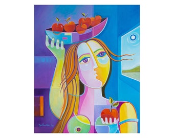 Modern Contemporary Original oil painting, Marlina Vera, Figurative Picasso Style, Cubist The Apple Seller Woman Abstract Fauve Cubism