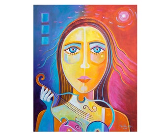 Cubism original Painting Solo Violin Girl Woman Violinist Expressionism Artwork Modern Abstract Marlina Vera Fine Art Picasso Style musician