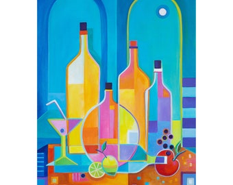 Cubism Original acrylic painting Marlina Vera Art, Wine and Martini Night, Cubist Picasso Style, modernism wine bottles, Fauvism still life