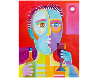 Cubism original Painting on canvas, Marlina Vera, Wine Tasting, Male Sommelier, Figurative Picasso Style, Modernism Contemporary art  Cubist