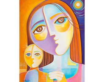 Cubism Original oil painting on canvas Cubist art Mother and Child Marlina Vera Modernism  Expressionism Artwork Picasso style figurative