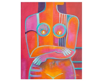 Original Expressionism Acrylic Painting on canvas,  Marlina Vera Cubism Art, Nude Woman Desnuda, Cubist Abstract Modernism, red figurative