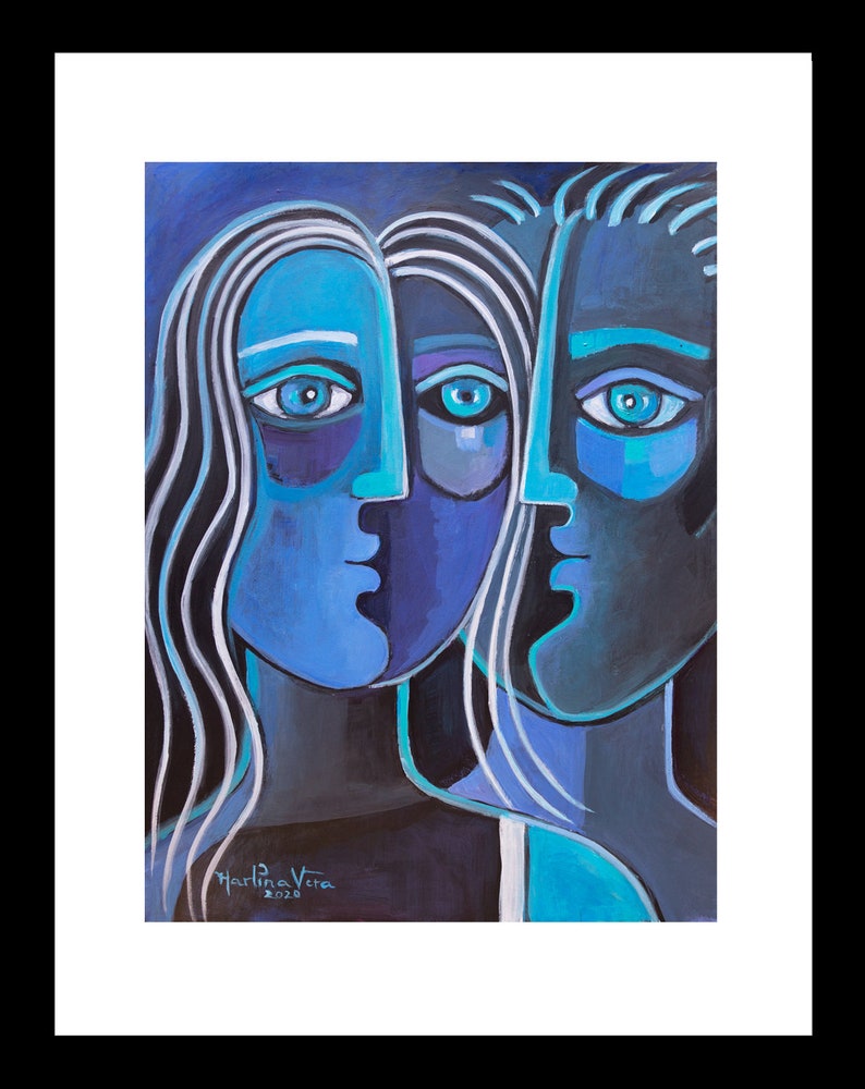 Cubism Painting Modern Cubist Marlina Vera Original Fine Art Acrylic on paper 12x9 Blue Couple Portrait Impressionism Love