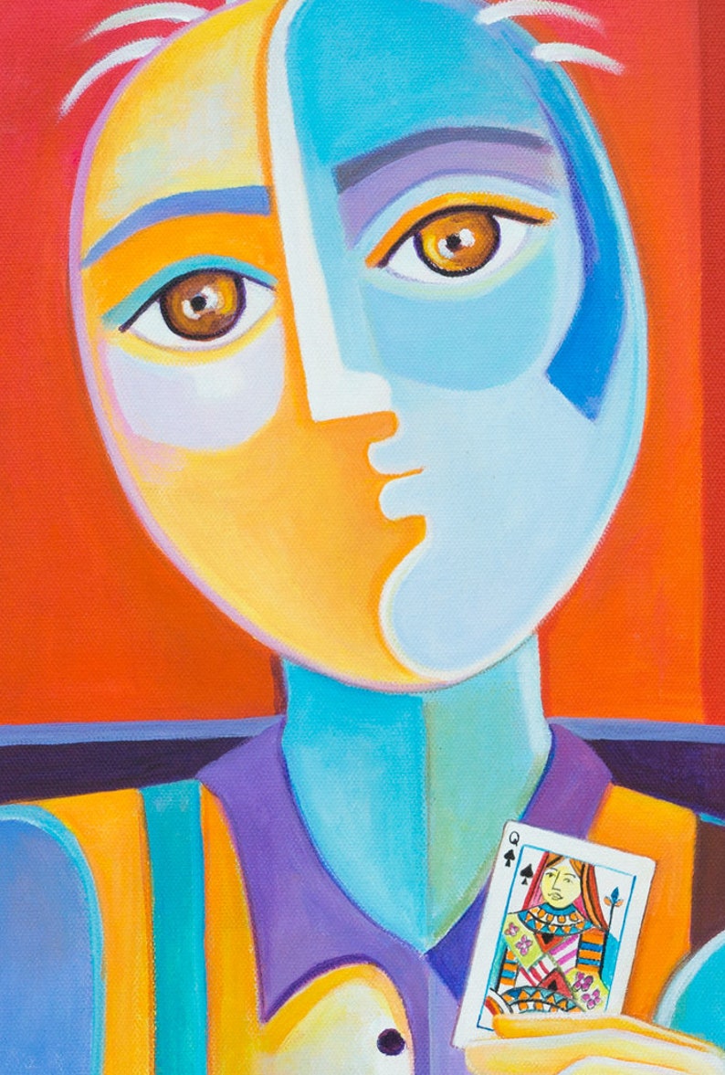 Cubism Painting, Original Art, Cubist Acrylic Canvas, Large 36x24 Poker