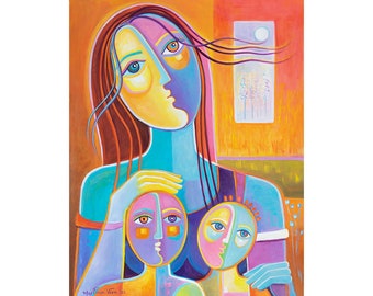 Modern abstract original painting on paper, Mother and Child, Expressionism art Marlina Vera Figurative Picasso style, Cubism Cubist artwork