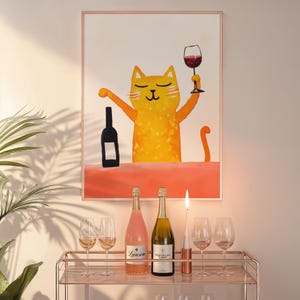 面白い猫のアート、バーカートの装飾、キッチンの装飾、ワインを飲んだ猫のウォールアート、トレンディなアート、ダイニングルームの装飾、デジタルダウンロード、印刷可能なウォールアート