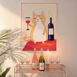 面白い猫のアート、バーカートの装飾、キッチンの装飾、ワインを飲んだ猫のウォールアート、トレンディなアート、ダイニングルームの装飾、デジタルダウンロード、印刷可能なウォールアート