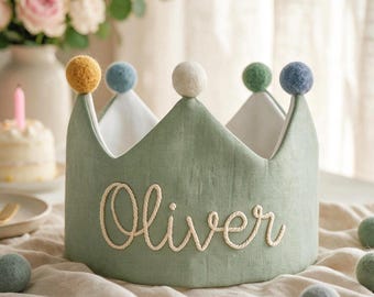 Embroidery 1st Birthday Crown, Customized Kid's Name Birthday Crown,Birthday & Party Hat,Toddler Linen Crown,Kids Birthday Keepsake.