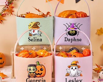Personalized Seersucker Halloween Trick or Treat Basket, Custom Kids Candy Bucket, Monogram Halloween Name Bag, Happy Halloween Gifts.