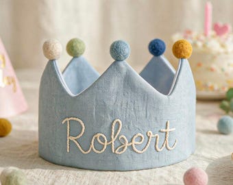 Hand Embroidered Linen Crown for Kids and Children's Birthdays, Personalized Gifts | Keepsake for First Birthday Party | Neutral Birthday.