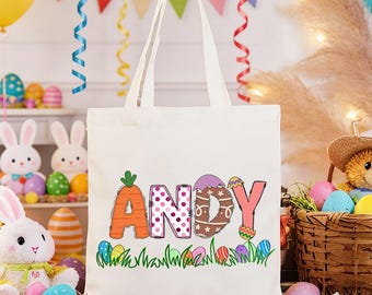 Custom Canvas Easter Tote Bag,Monogram Name Easter Bag,Personalized Easter Basket For Kids,Easter Egg Hunts Gift,Easter Gift For Boys & Girl