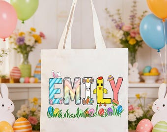 Custom Canvas Easter Tote Bag,Monogram Name Easter Bag,Personalized Easter Basket For Kids,Easter Egg Hunts Gift,Easter Gift For Boys & Girl