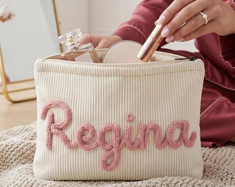 Embroidered Name Corduroy Makeup Bag,Personalized Beauty makeup bag,Monogrammed Cosmetic Bag,Bridesmaid  Toiletry Bag,Girl Travel Bag,