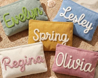 Personalized Corduroy Makeup Bag,Custom Cosmetic Pouch With Name,Bridesmaid Makeup Gift Bag,Embroidered Cosmetic Bag, Wedding Party Gift.