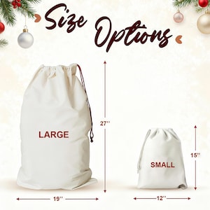 May include: Two white drawstring bags labeled "LARGE" and "SMALL" with size options. The large bag is 27 inches tall and 19 inches wide, while the small bag is 15 inches tall and 12 inches wide. The text "Size Options" is at the top.