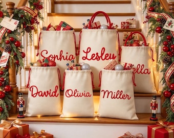 Personalized Santa Sack With Drawstring,Custom Name Xmas Gift Bag,Embroidery Canvas Xmas Sack,Family Christmas Stocking, Kids Xmas Gift Sack