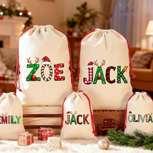 Initial Santa Sack For Family,Custom Christmas Name Santa Bag,Personalized Xmas Stocking Sack, Christmas Gift Bag,Holiday Gift Bag For Kids