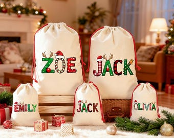 Initial Santa Sack For Family,Custom Christmas Name Santa Bag,Personalized Xmas Stocking Sack, Christmas Gift Bag,Holiday Gift Bag For Kids