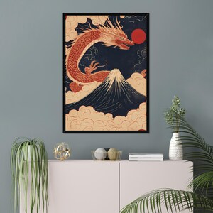 Dragon Soaring Over Mount Fuji – Minimalist Japanese-Inspired Printable Wall Art, Elegant Digital Wall Art for Home and Office Decor