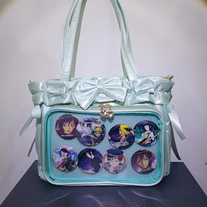 Green Ribbon Crossbody Ita Bag: Handmade Anime Pin Display
