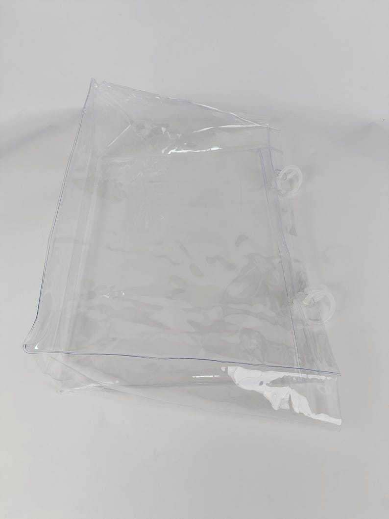 K&ouml;nnte beinhalten: Eine transparente, rechteckige Plastikt&uuml;te mit abgerundeten Ecken und einer Naht entlang der Kanten. Die T&uuml;te hat zwei transparente, kreisf&ouml;rmige Verschl&uuml;sse auf einer Seite. Die T&uuml;te ist transparent und scheint leer zu sein.