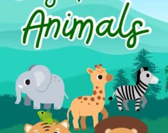 May include: A 30-page coloring book titled Safari Animals featuring illustrations of a gray elephant, a tan giraffe, a black and white zebra, an orange tiger with a green lizard on its head, and a brown lion against a green landscape.