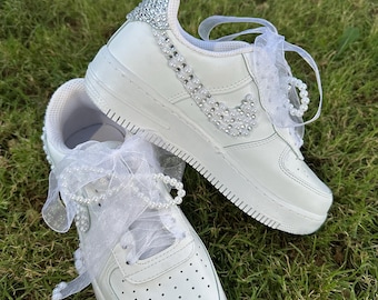 Custom Wedding Sneakers With Shiny Artificial Stones And Pearl