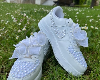 Custom Wedding Sneakers With Shiny Artificial Stones And Pearl