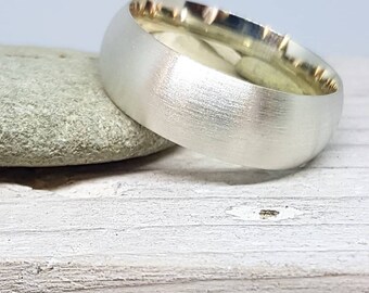 Recycled, 9 ct white gold, court section, frosted mans wedding ring. 8 mm wide unisex