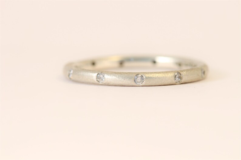 Recycled sterling silver, round, eternity ring with 10 diamonds, randomly set. Ethical jewellery 2 mm wide Unisex image 1