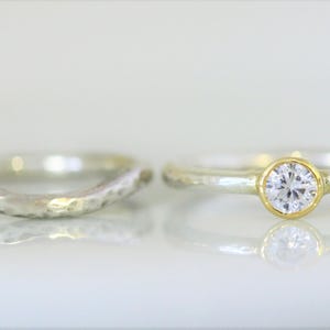 9 ct recycled white gold wedding and engagement set with 4mm diamond, in yellow gold setting. 2 mm wide. image 3