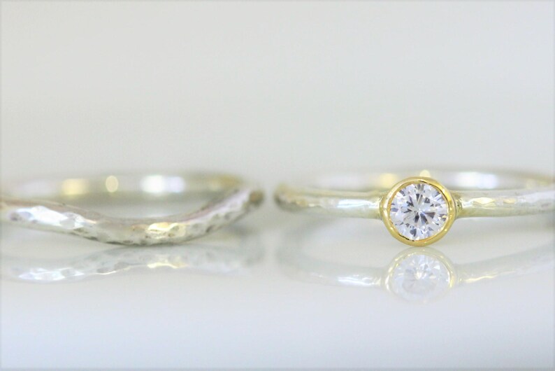 9 ct recycled white gold wedding and engagement set with 4mm diamond, in yellow gold setting. 2 mm wide. image 3