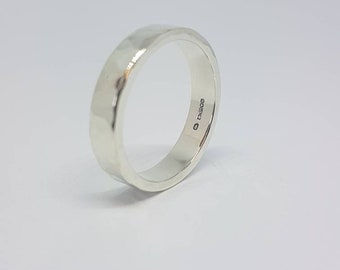 White gold, flat, hammered wedding ring . 3 mm wide