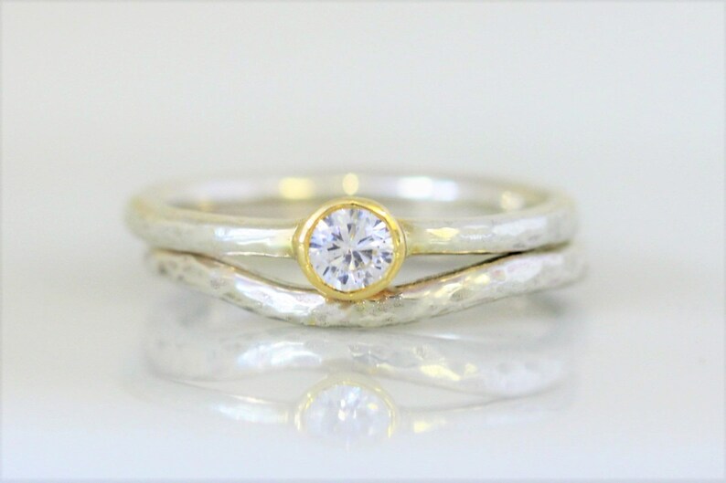 9 ct recycled white gold wedding and engagement set with 4mm diamond, in yellow gold setting. 2 mm wide. image 1
