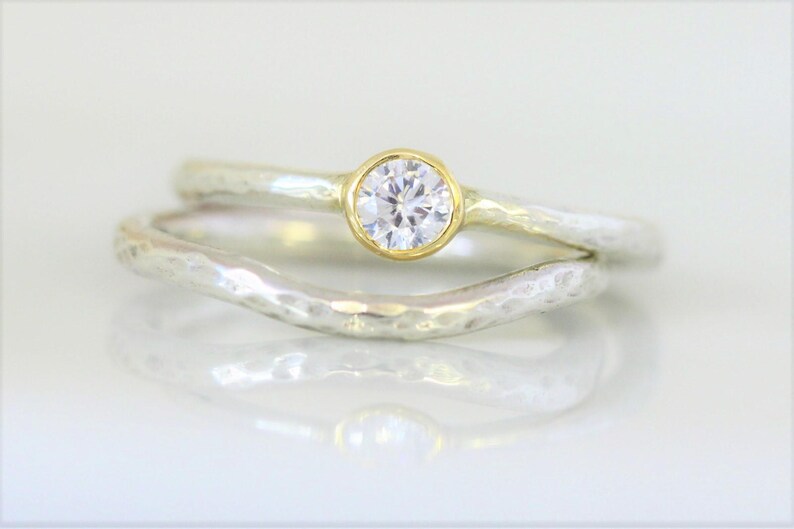 9 ct recycled white gold wedding and engagement set with 4mm diamond, in yellow gold setting. 2 mm wide. image 2