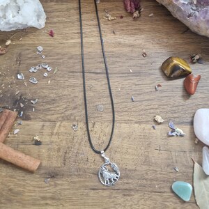 Op de afbeelding: Een zilveren wolf hangerketting aan een zwart koord. De ketting wordt getoond op een houten oppervlak met verschillende kristallen en kruiden.