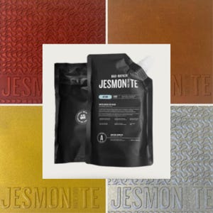 May include: A product shot featuring two black pouches of Jesmonite AC730, a water-based composite material. The pouches are centered against a white background, surrounded by textured samples in red, brown, gold, and silver. The samples have the word "JESMONITE" embossed on them.