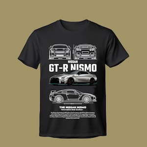 日産GT-RニスモR35 Tシャツ、JDMレジェンドカーブループリントTシャツ、ゴジラスポーツカーグラフィックシャツ、日本のスーパーカーアート、車好きへのギフト