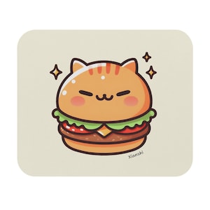 May include: A cute cartoon illustration of a burger with a cat's face on the top bun. The burger has a sesame seed bun, lettuce, tomato, and a patty. The image has a light beige background and the word "Xianshi" is written on the bottom right.